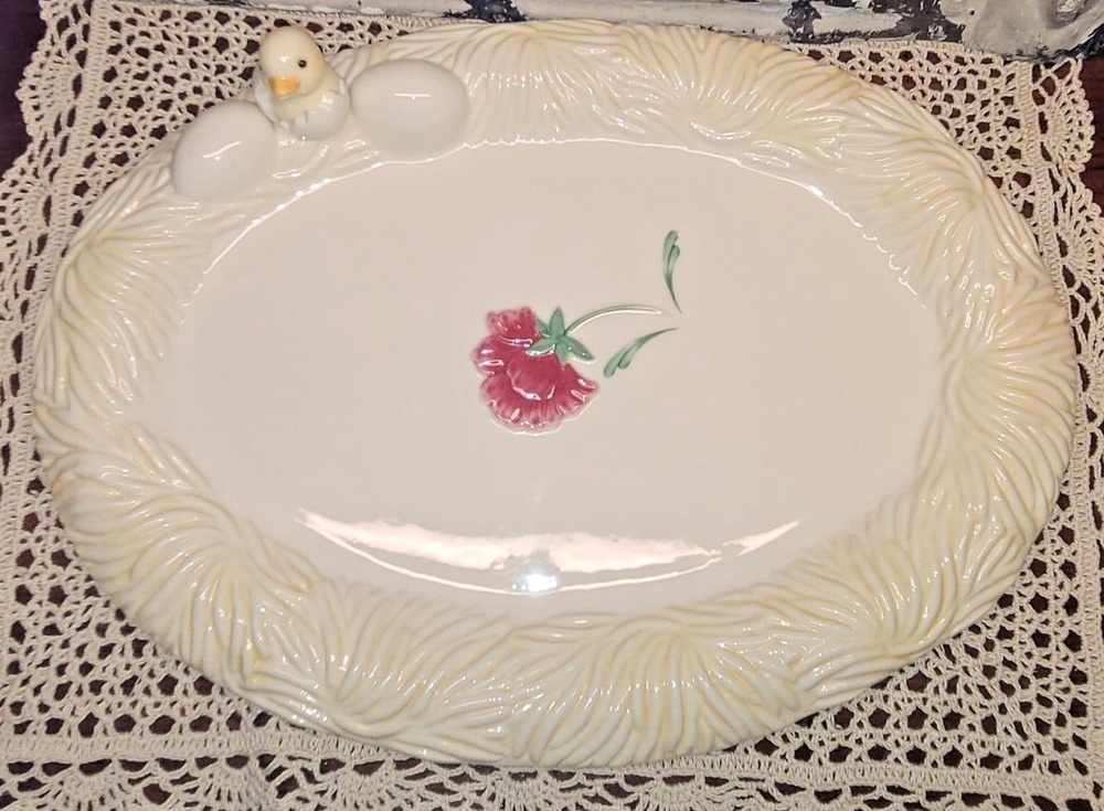 Lenox Poppies on Blue Barnyard 15" Oval Chicken and Egg in Nest Platter